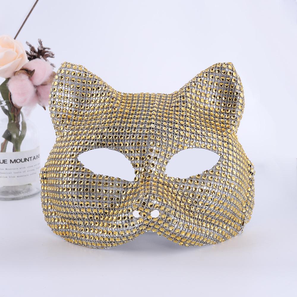 

Rhinestone Halloween Masquerade Mask - Sparkling Half-Face Party Mask Fashion Accessory Model Six Cat Girl Mask Gold