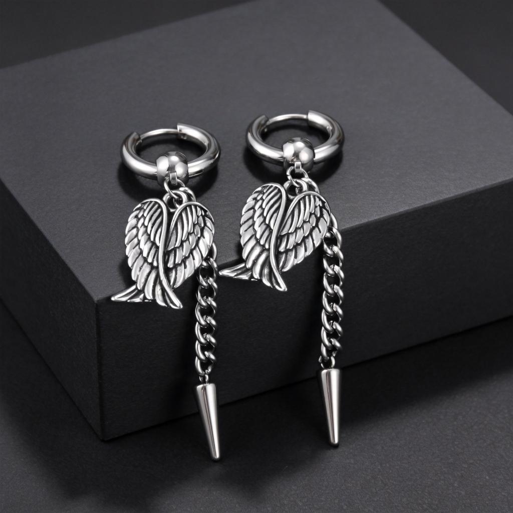 Unique Design Fashion Feather Angel Wings Rivet Tassel Drop Earrings for Men, Hip Hop Rock Stainless Steel Ear Jewelry Gift