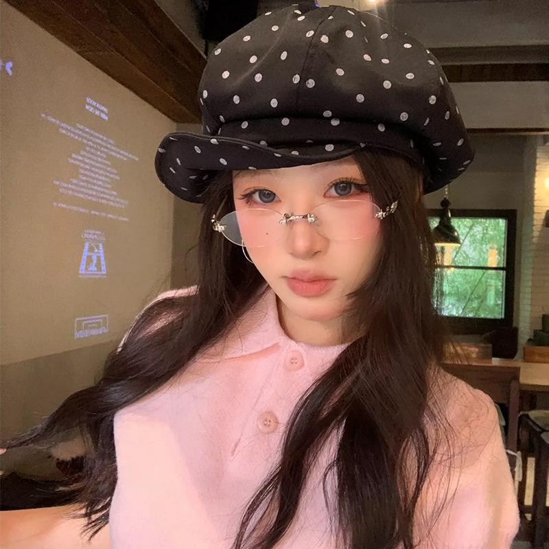 Cappelli Newsboy Ottagonali da Pittore con Visiera Rovesciata, Versatili per Primavera ed Estate, Versione Grande con Jacquard a Pois Coreano per Donna