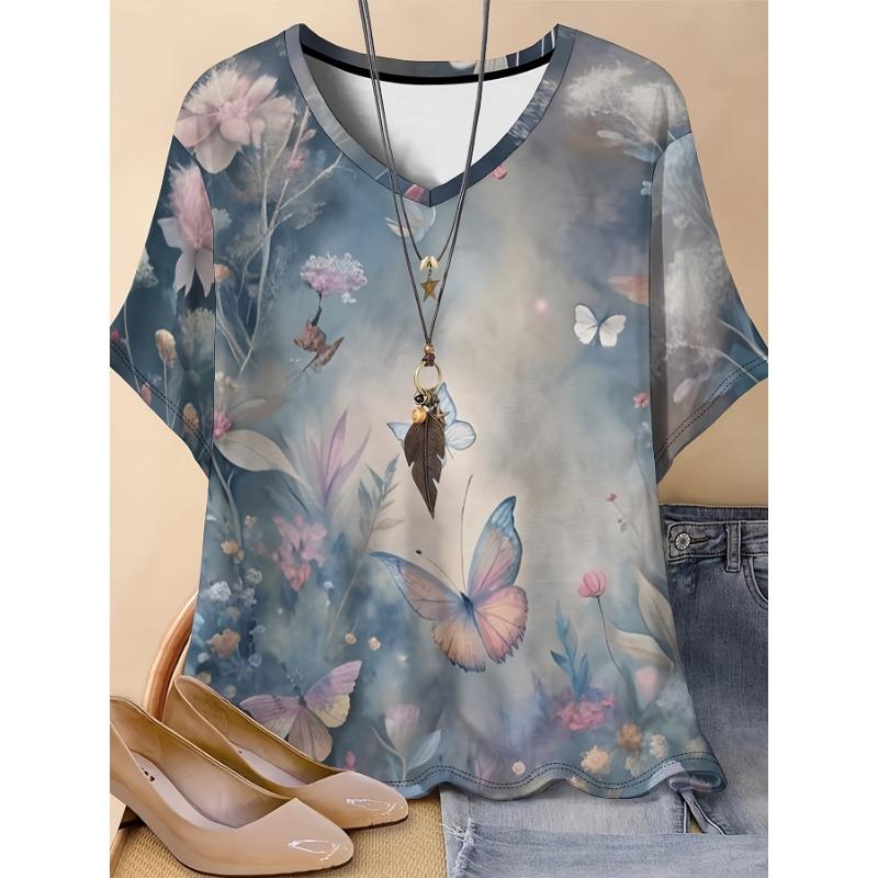Plus Size Women s Butterfly and Flower Print T-Shirt S