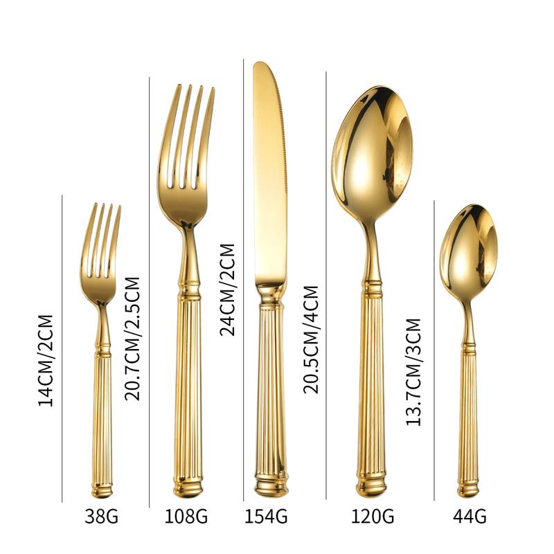Zlaté nerezové příbory, dárkové sady pro hosty, stolní nádobí s římskou rukojetí, nože, vidličky, lžíce, špachtle na dorty, kuchyňské potřeby do restaurace