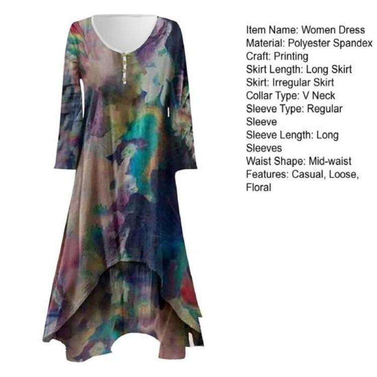 Sommer Blumen Boho Kleid für Damen Maxi Langarm V-Ausschnitt Lagenlook A-Linie Unregelmäßiger Saum Große Größen Fließendes Kleid