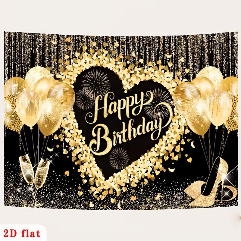 2D Black Gold Heart Happy Birthday Party Decoration Background Banner