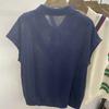 Women's White Polo Neck Knit Vest Contrast V-Stripe Sleeveless Casual Slim Fit Top