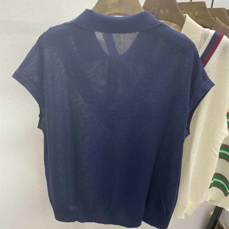 Women's White Polo Neck Knit Vest Contrast V-Stripe Sleeveless Casual Slim Fit Top