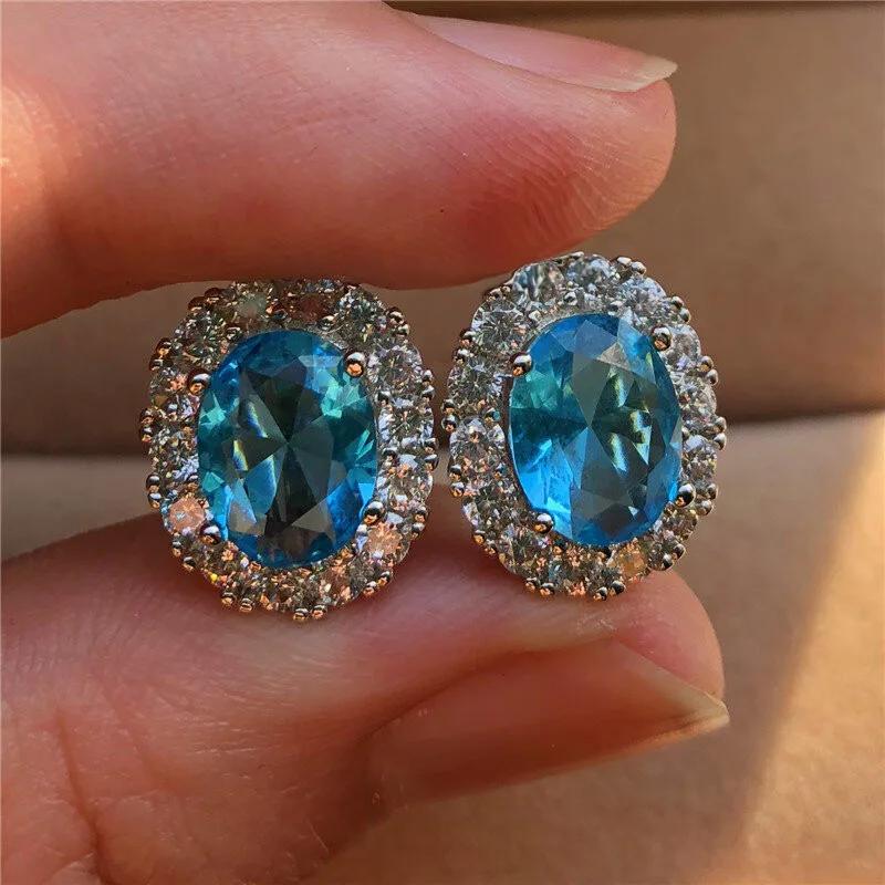 Sweet And Luxurious Jewelry, European And American Sparkling Personality, Bride'S Wedding, Blue Zircon Earrings