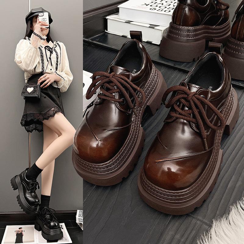 Muffin Sole Personalized Big Head Low-top Shoes 2025 Spring New Thick-soled Thick Heel Lace-up Casual Small Leather Shoes Loafers