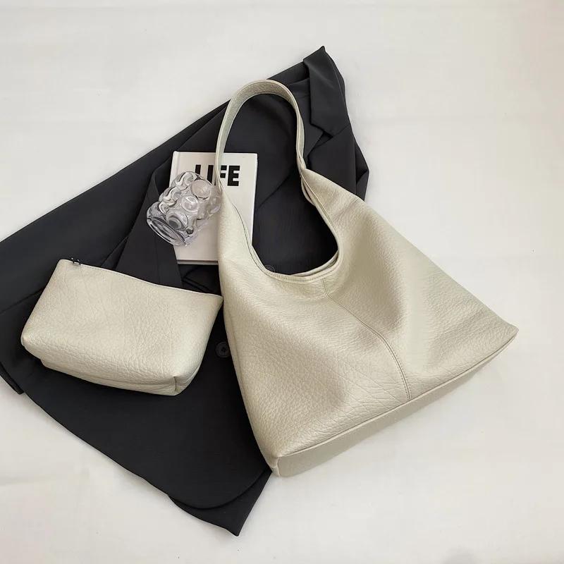 Soft leather large capacity bag for women casual shoulder bag with armpit monochromatic feminine all matched