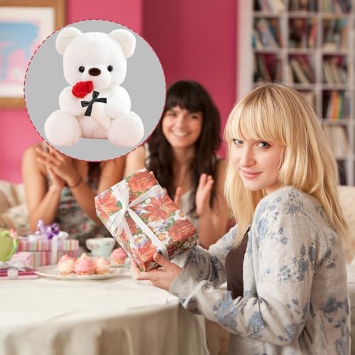 LIHIQIYA White Teddy Bear 25cm, Teddy Bear Holding Rose Plush Toy, Valentine's Day/Easter Gift for Girlfriend Wife