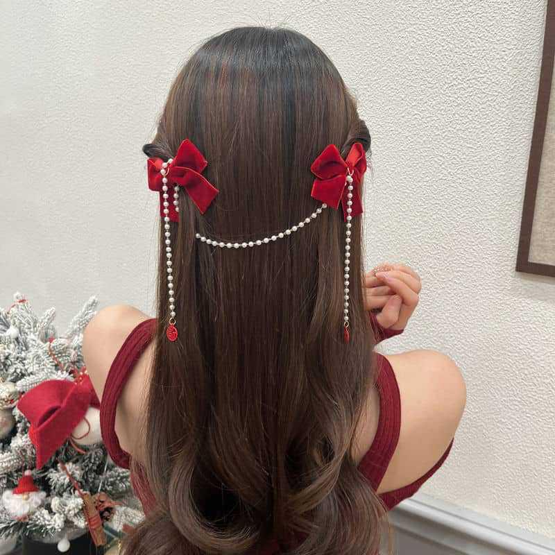 Elegant Pearl Bow Tassel Hair Clip Solid Velvet Hair Claw Children Princess Best Hairpins New Fashion Beauty Hair Accessories