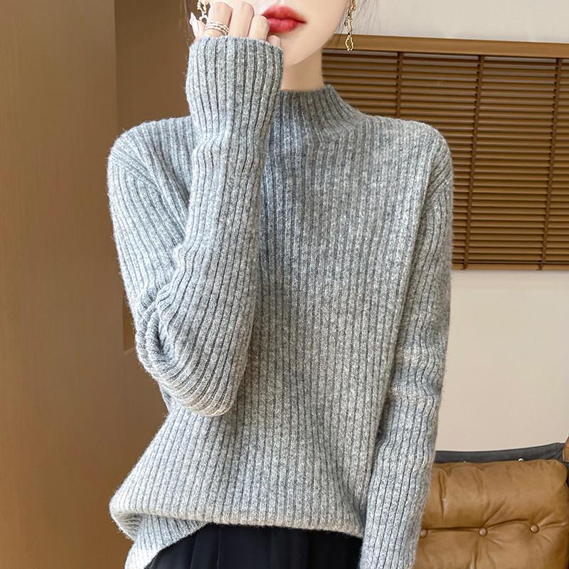 Women's Cashmere Striped Slimming Knit Sweater - Half-High Neck Autumn/Winter Base Layer