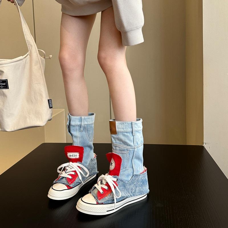 

Японский Шибуя Тренд Круто~ 2025 Осень Нишевый ins Тренд Высокие парусиновые кеды Женские парусиновые короткие ботинки Джинсовые ботинки-трубы 40 светло-синий