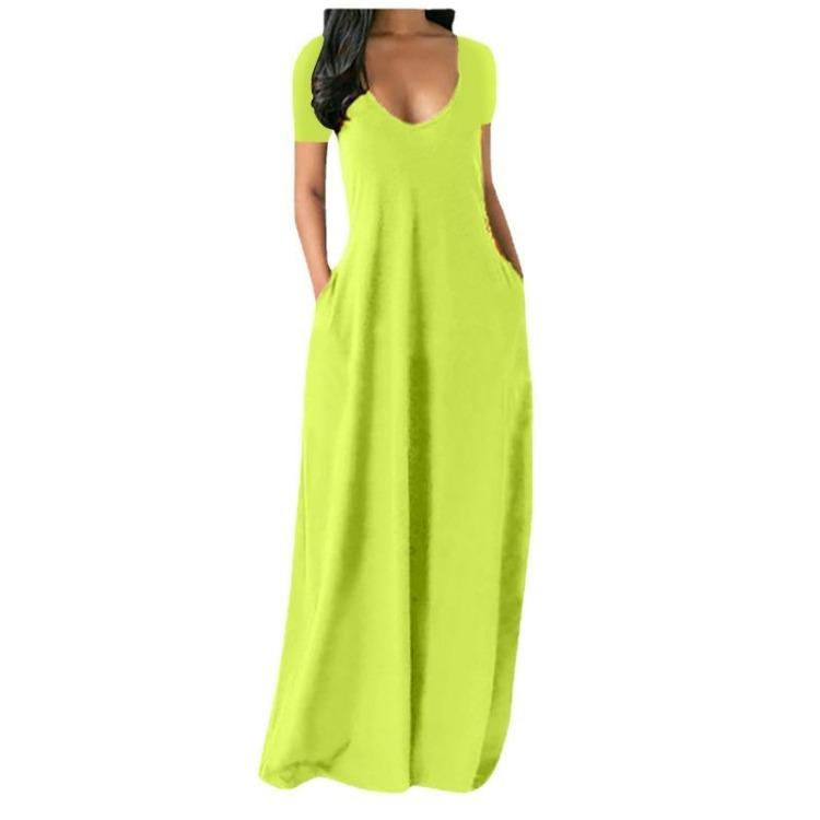 Women's Casual Maxi Dress Short Sleeve Simple Solid Dress With Pockets