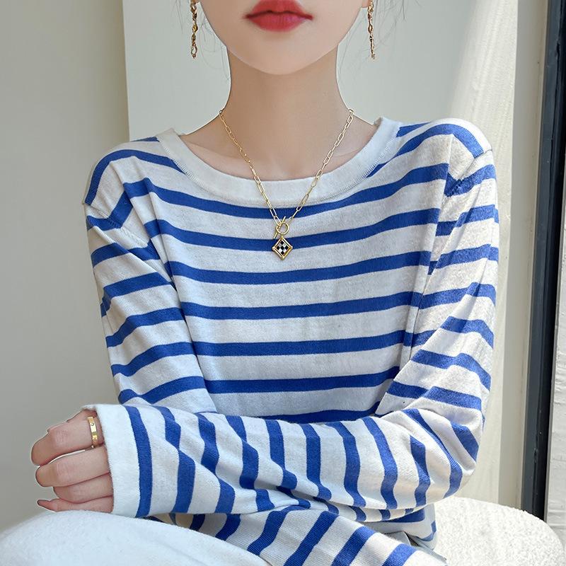 

Осень новый дышащий и освежающий тонкий свободный повседневный трикотажный свитер в полоску на побережье с круглым вырезом и длинными рукавами XXL синий