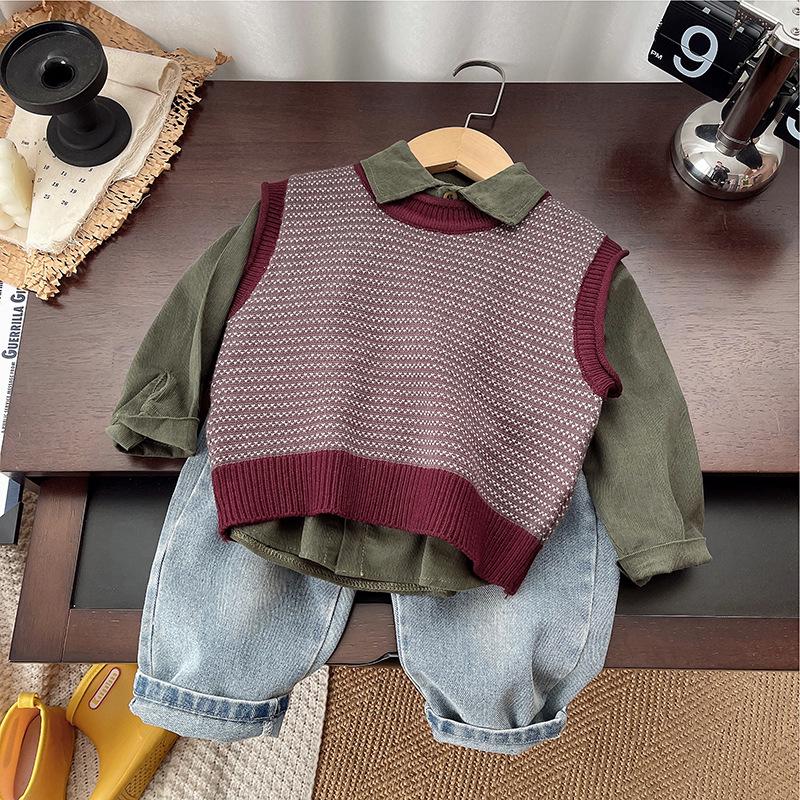 

Комплект из трех предметов: жилет и рубашка в стиле преппи для мальчиков, весна 2025 100 cm