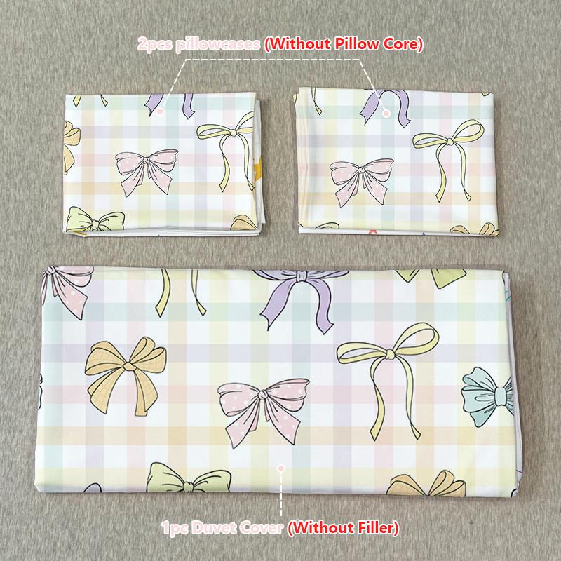3Pc Yellow-Based Checkered Bow Tie Duvet Cover Set (1 Duvet Cover+ 2 Pillowcases) Machine Washable Quilt Protector