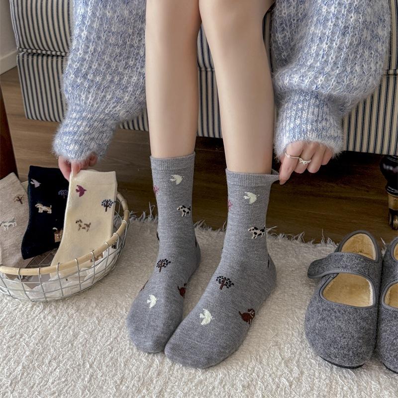 Ladies Autumn Winter Thickened Warm Cartoon Animal Cute Dog Wool Drum Pile Socks