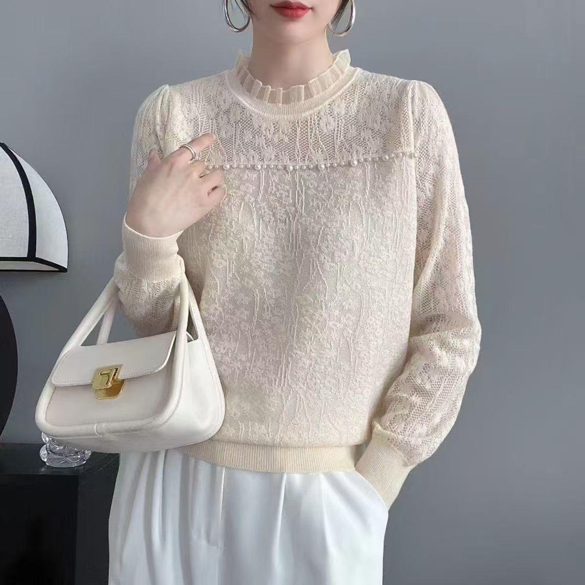 

Women s Lace Knit Sweater Long-sleeve Loose Knitwear Solid Color Pullover Knit Top Spring Autumn XL білий