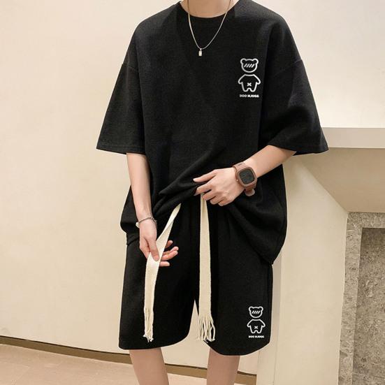 2 Pcs/Set Men Summer Tracksuit Cartoon Bear Korean Style Half Sleeves Sports Drawstring Casual Top Shorts Suit Male Clothes