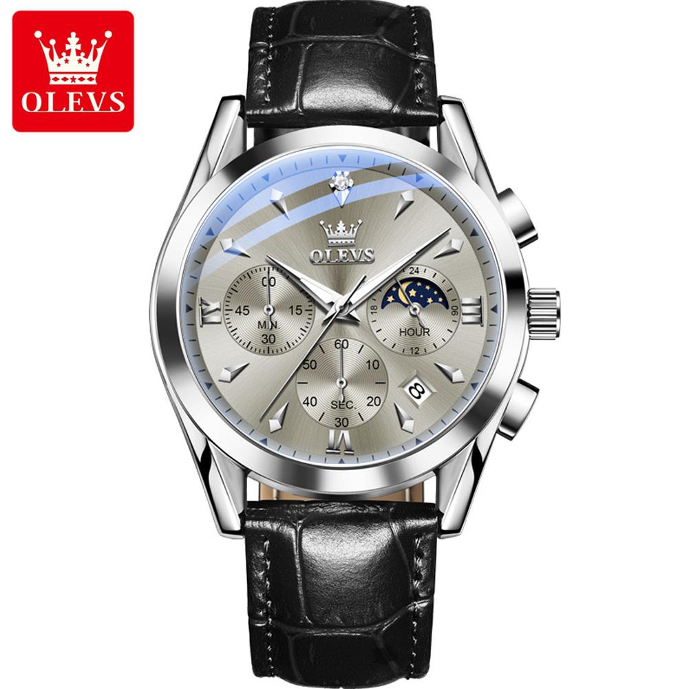 OLEVS 3609 Luxury Leather Quartz Mens Wristwatches Original Moon Phase Chronograph Waterproof Luminous Watch for Men Reloj Mujer