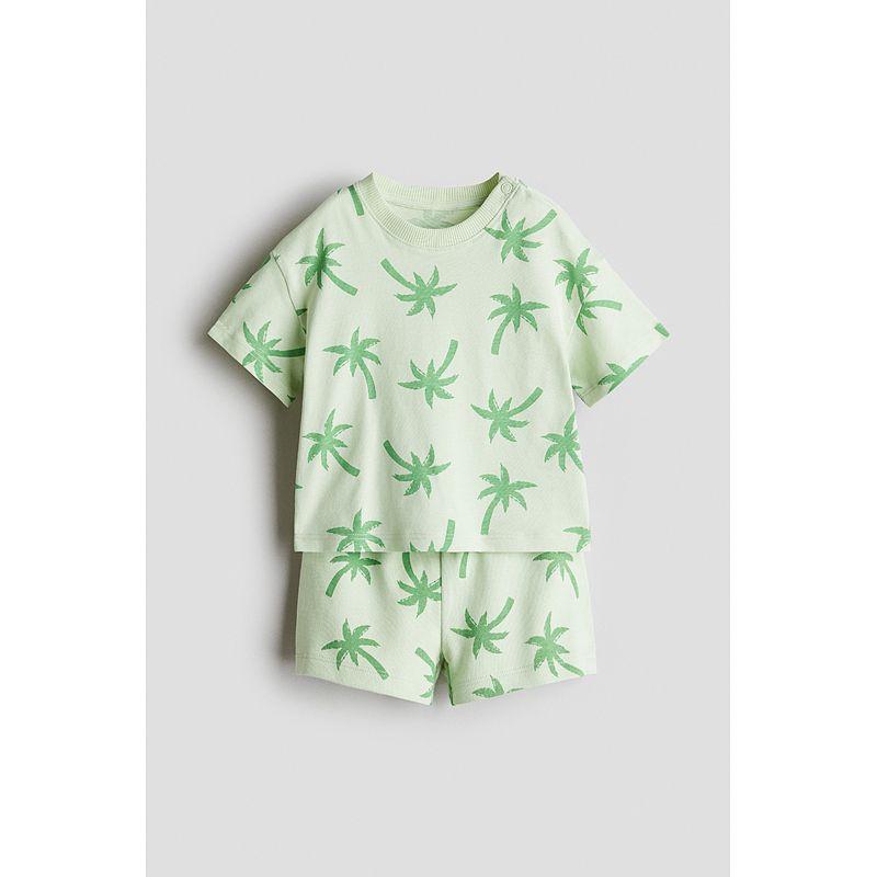 

HM Children s Clothing Baby Boys Suit 2-Piece 2025 Summer New Arrival Children s Fun Print round Neck Short Sleeve Shorts 1265905 Light green/Palm Trees 90/48