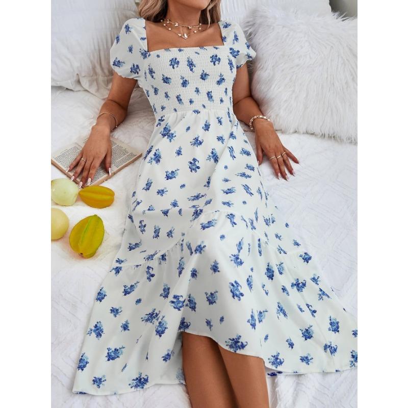Square Collar High Waist Printed Summer Women's Dress, Comfortable and Elegant Women's Long Skirt