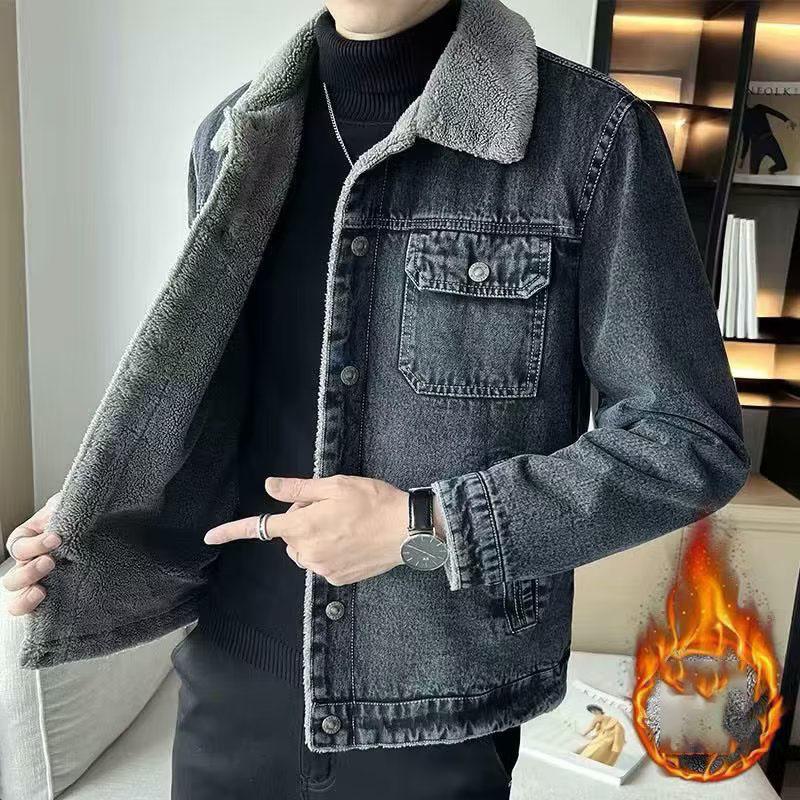 

Men s Denim Jacket Fleece-lined Trendy Winter Style Sheep Velvet 2026 New Korean Version Slims Casual Thickened Jacket M серый