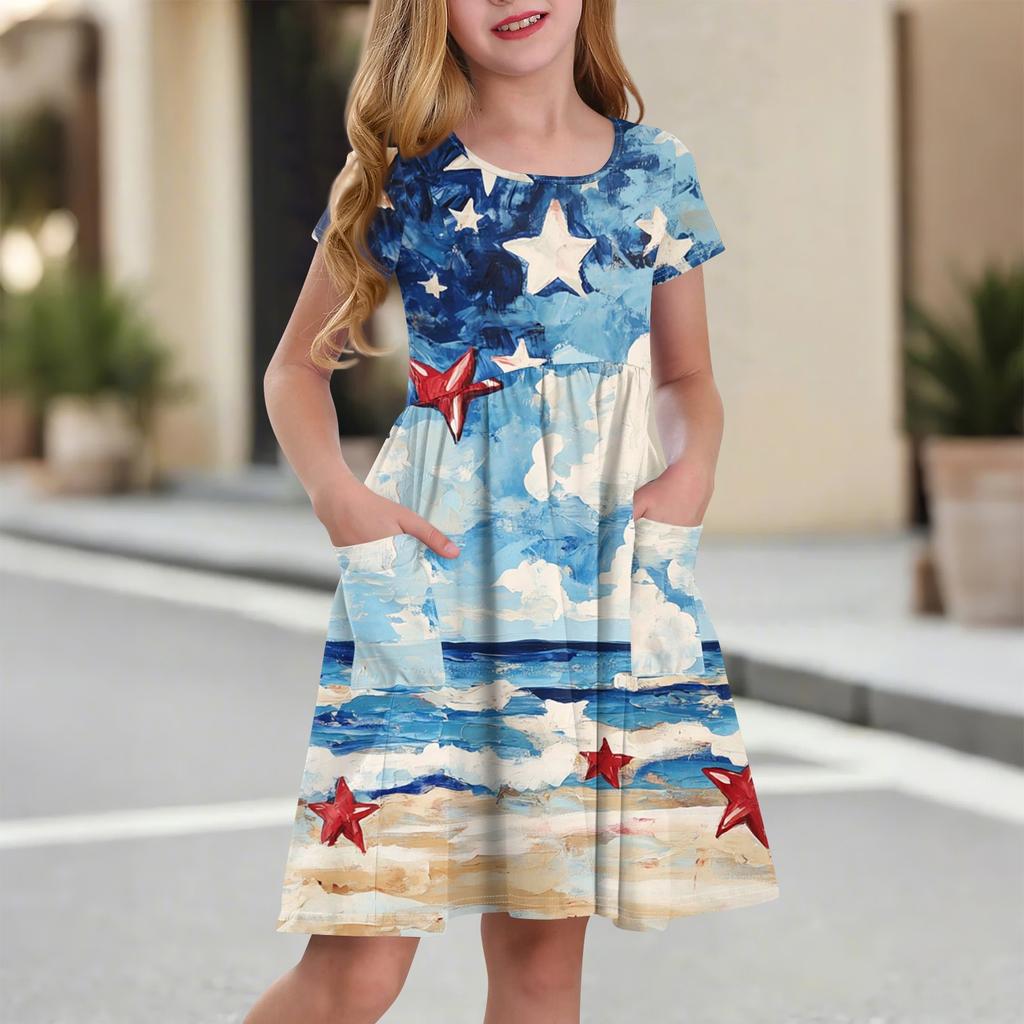 Kinder Rundhals Kurzarm Prinzessinnenkleid Modisch Und Lässig Tasche Mädchen Unabhängigkeitstag Kleid