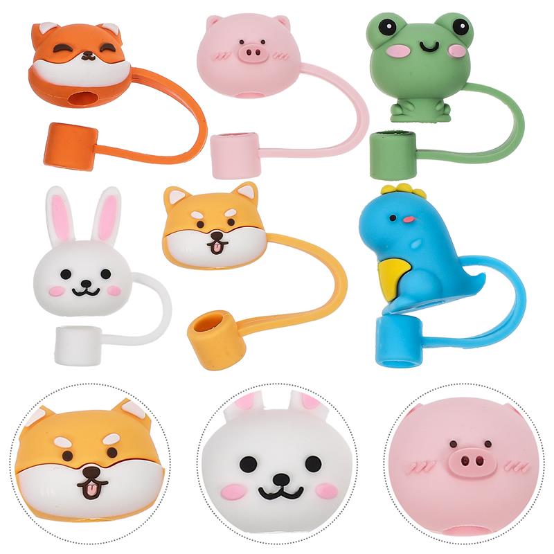 

6pcs Cartoon Animal Silicone Straw Caps Reusable Straw End Covers Dust-Proof Straw Topper Water Cup Accessories