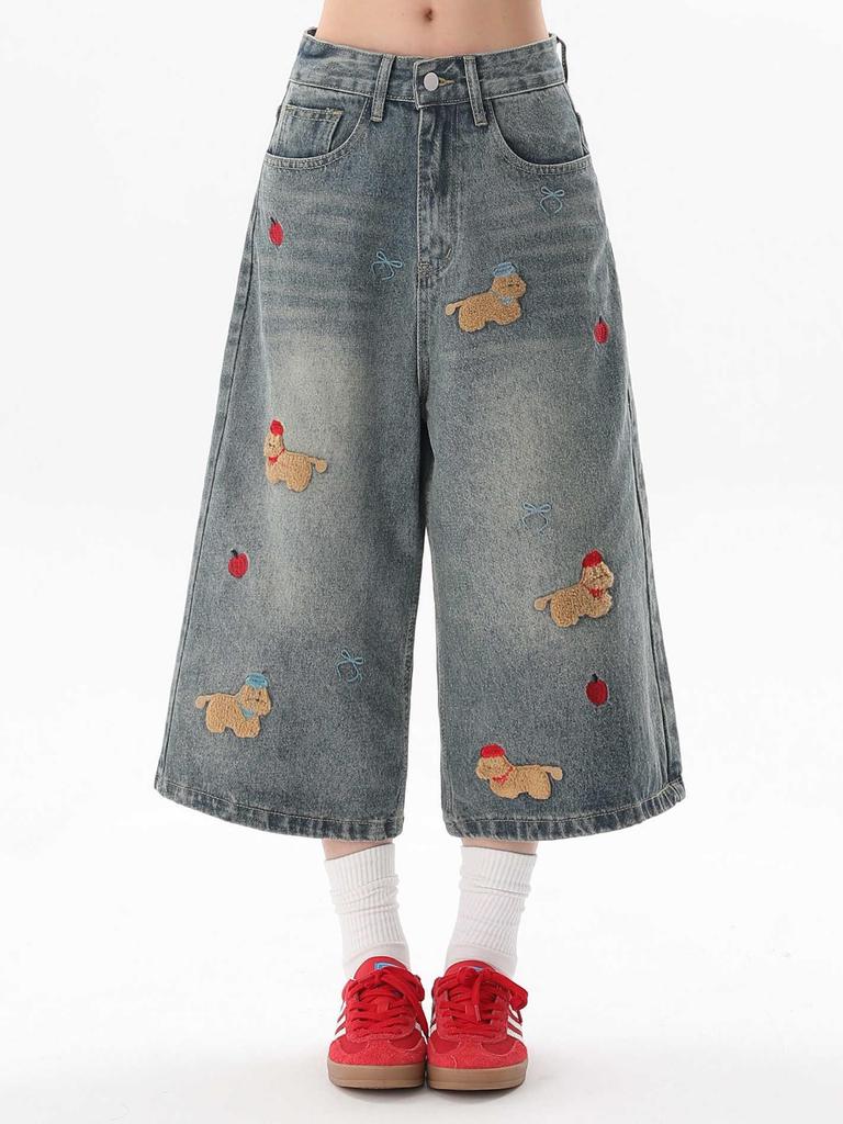 Women's Retro Cute Embroidered Puppy Chenille Denim Shorts - 2025 Summer Seven-Point Loose Fit