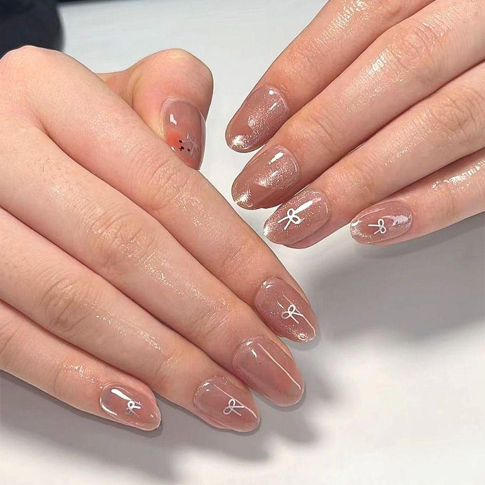 24pcs Cat's Eye Fake Nails French Glitter Aurora Blur False Nail Cat's Eye Crystal Pure Color Full Cover Press On Nails Nail Tip