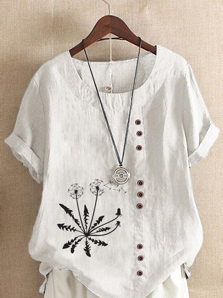 Women's Fashion Black Dandelion Print Shot Sleeve T-shirt Loose Cotton Shirt Casual Loose Summer Blouse Tops Plus Size