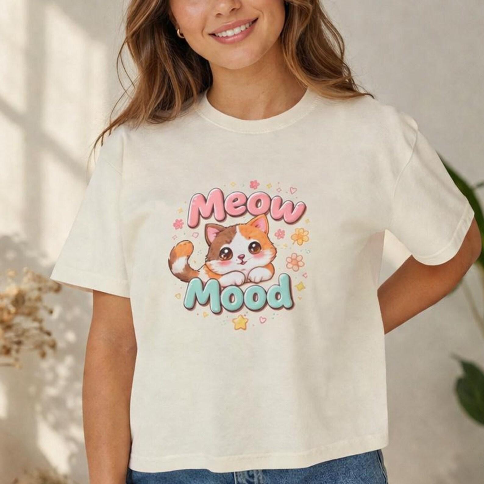 Meow Mood Cat Graphic Tee | Pastel Stars, Wide-Cut Cotton Shirt L
