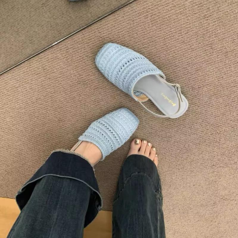 Fashion 2025 Summer New Block Heel Shallow Mouth Straw Bao Tou Back Empty Sandals Women's Shoes One Strap Low Heel Shoes