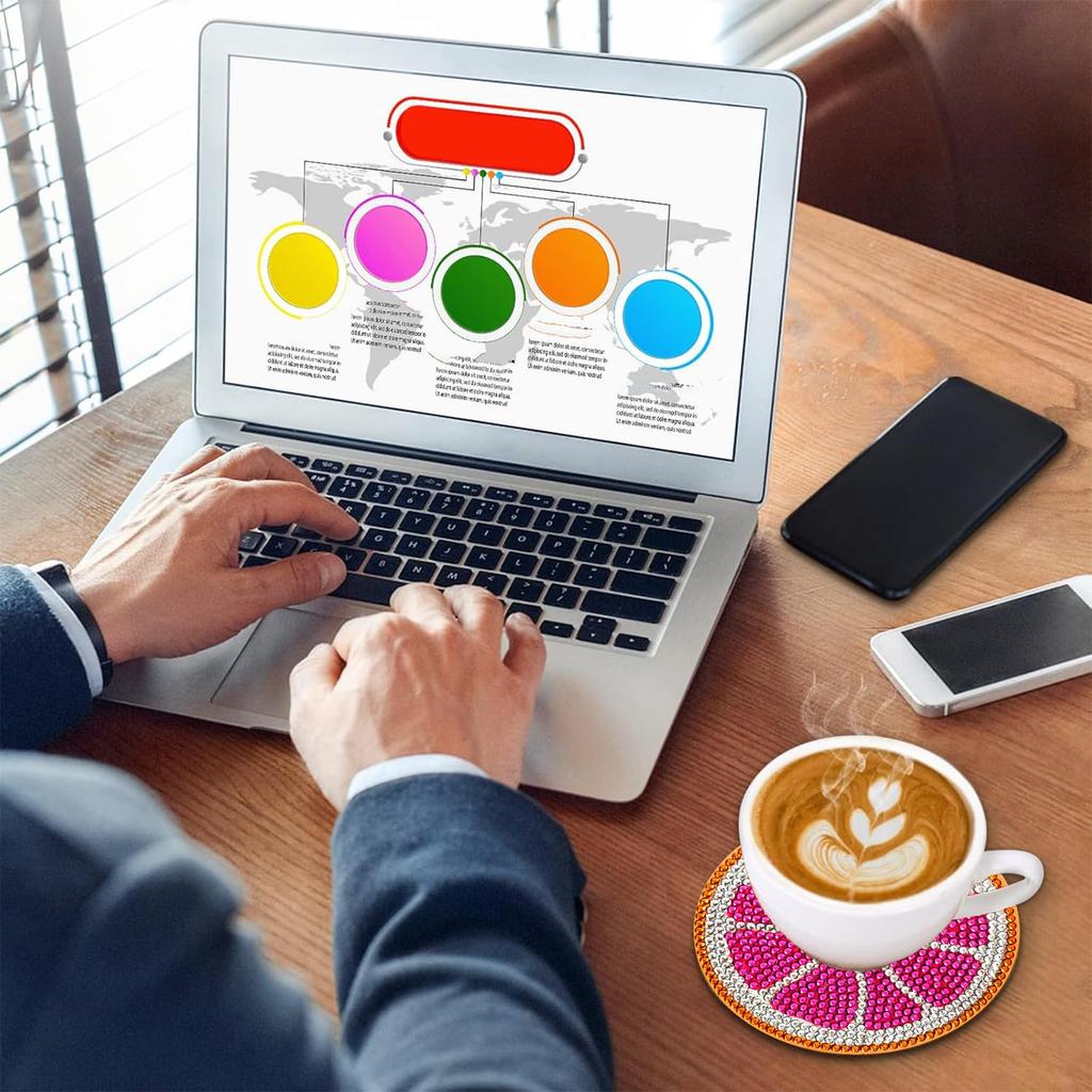 Reofrey Diamond Art Coasters, Round Fruit Shape, 6-Piece Diamond Art Kit with Cork Coasters, DIY Diamond Beads for Beginners and Adults, with Holder,