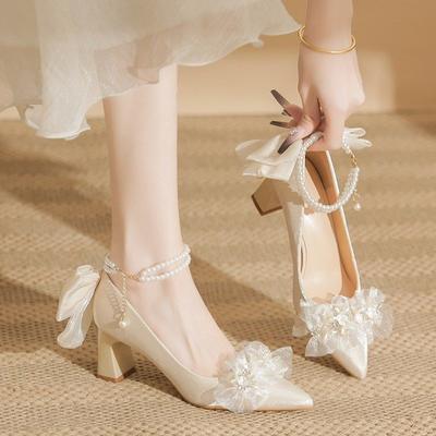 Golden Wedding Shoes Bridal Shoes Main Wedding Dress Princess Engagement Crystal Shoes Bow Heel Shoes Women's Thick Heel