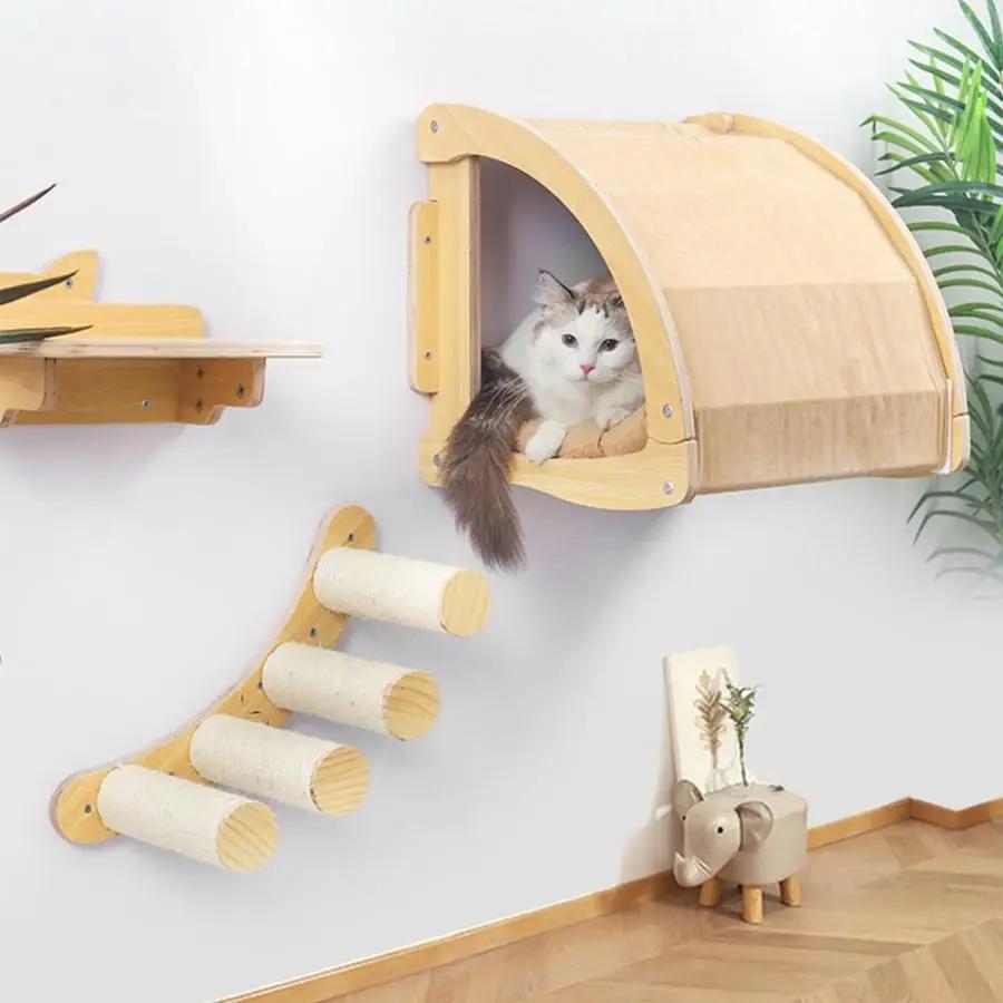 Cat Tree Pet Climbing Frame Wall Mounted Cat Nest Sisal Cat Scratching Post Clouds Jumping Platform Eco-friendly Wooden