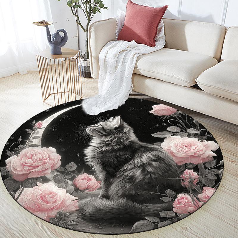 Floral Cat  Round Area Rug,Carpet Rug for Living Room Bedroom Sofa Playroom Decor,Non-slip Floor Mat