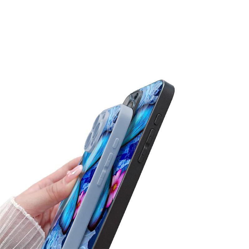 Blue Butterfly for iPhone17ProMax Metallic Paint Glass Mobile Phone Protective Case 17 All-inclusive 15 Fine Holes 16