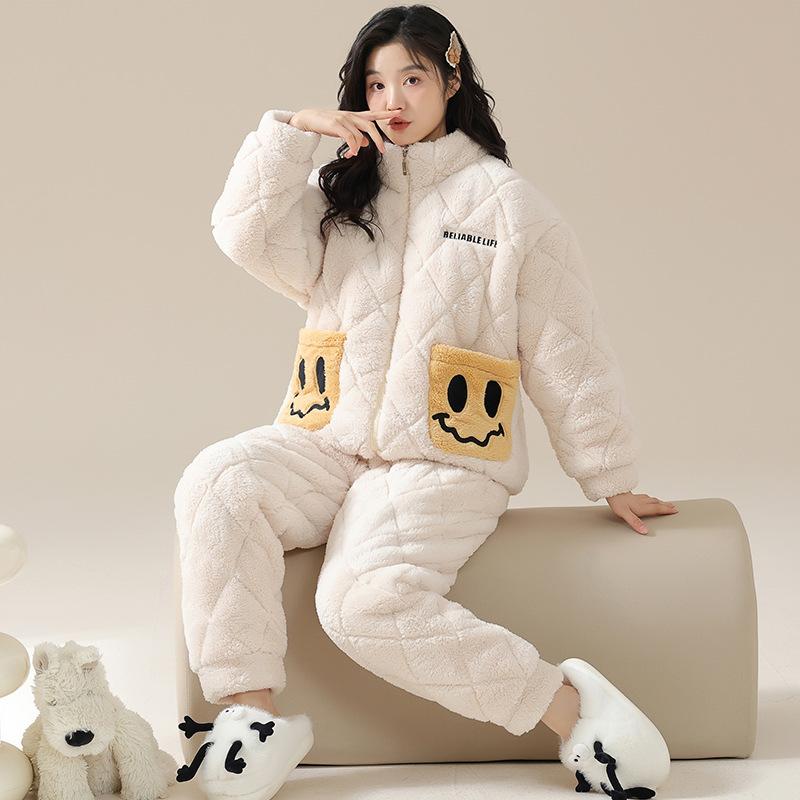 

Трехслойная стеганая пижама Женская осенне-зимняя флисовая утолщенная из кораллового флиса Теплый комплект домашней одежды Зима 2XL