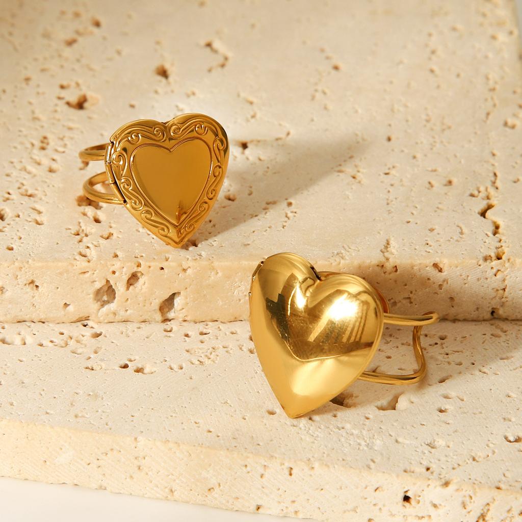 18K Gold Stainless Steel Patterned Heart Ring Heart-shaped Open Band Women's Non-fading Titanium Steel Jewelry