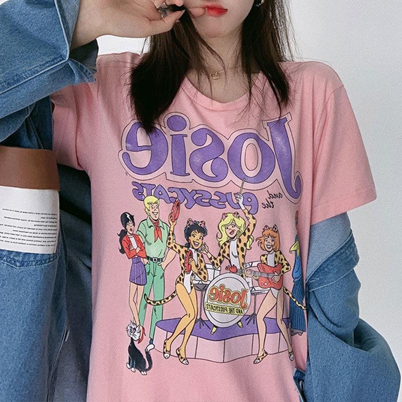 

Мультфильм Лето Новый Большой Размер Футболка С Короткими Рукавами Для Женщин Круглый Шею Свободный Топ Dopamine Студенческая Одежда 2XL розовый