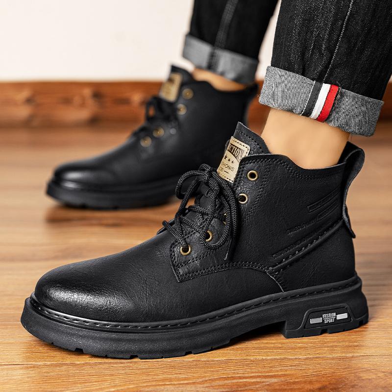 Fashion Soft Genuine Leather Boots Men's Autumn Comfort High Top British Style Mid Top Leather Shoes Black Work Suit Short Boots Winter
