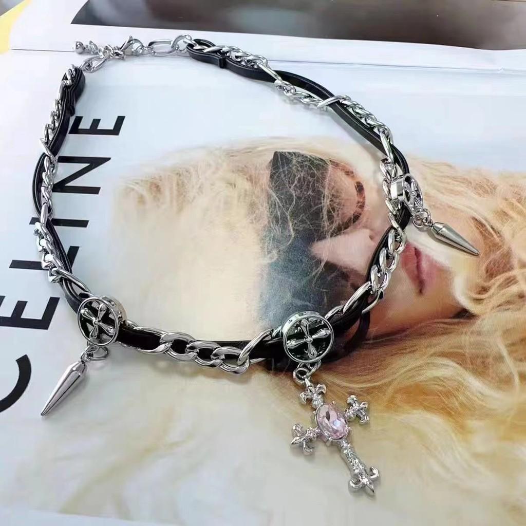 Trendy Cross Rhinestone Choker Necklace And Bracelet Set For Women Punk Style Gothic