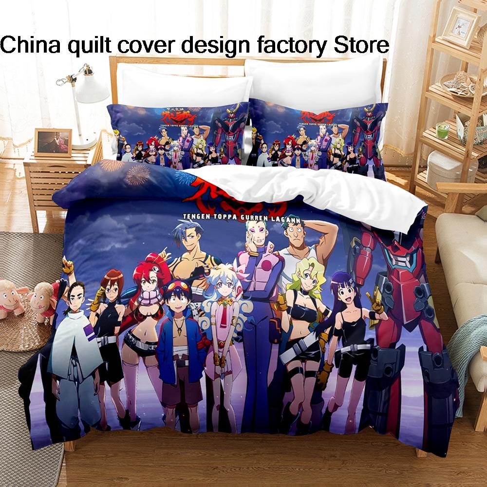 Bed linen 3Pcs Gurren Lagann Anime Bedding Set 3D Print Kamina Mecha Duvet Cover Pillowcases for Teens Fans Room Decor Gift
