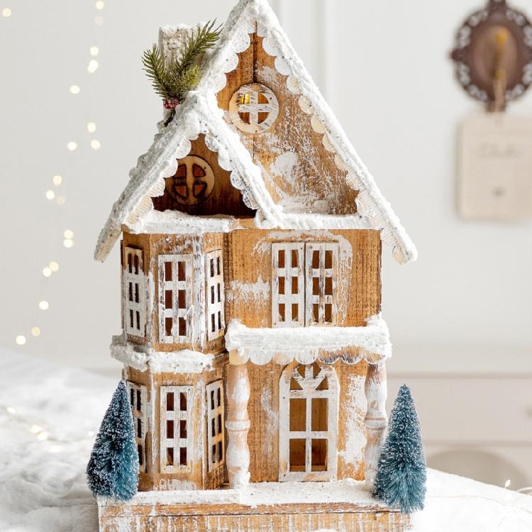 Table Display Christmas Cottage Ornament with Light Effect, Wooden Snow Cabin Decoration for Tabletop Shelf Styling