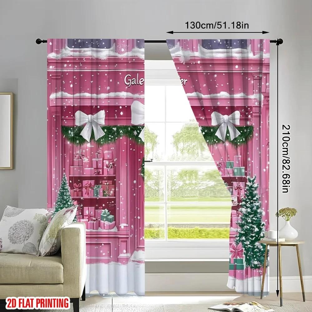Jit 2Pcs Pink Storefront Pattern Curtains Rod Pocket Drapes For Christmas Windows Home Decor Polyester Curtain
