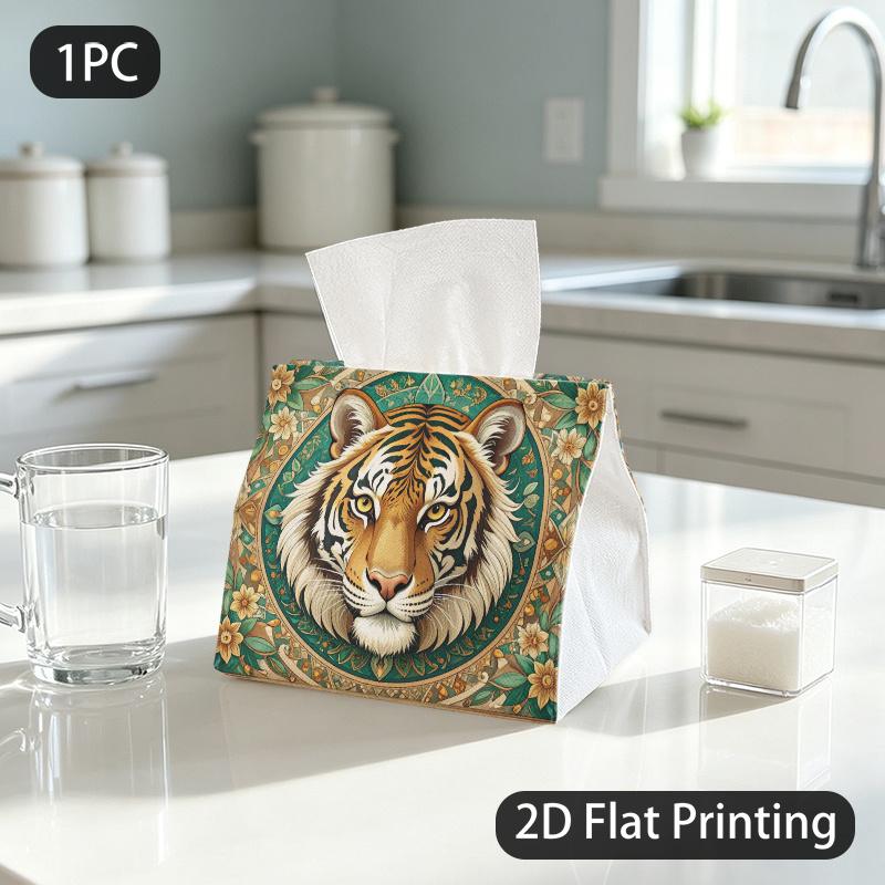 1pc Tissue Box, Art Nouveau Tiger Head Floral Regal Pattern, 2D Flat Printing, Crafted with Strong Polyester, Easy To Carry, Napkin Dispenser, for Gue
