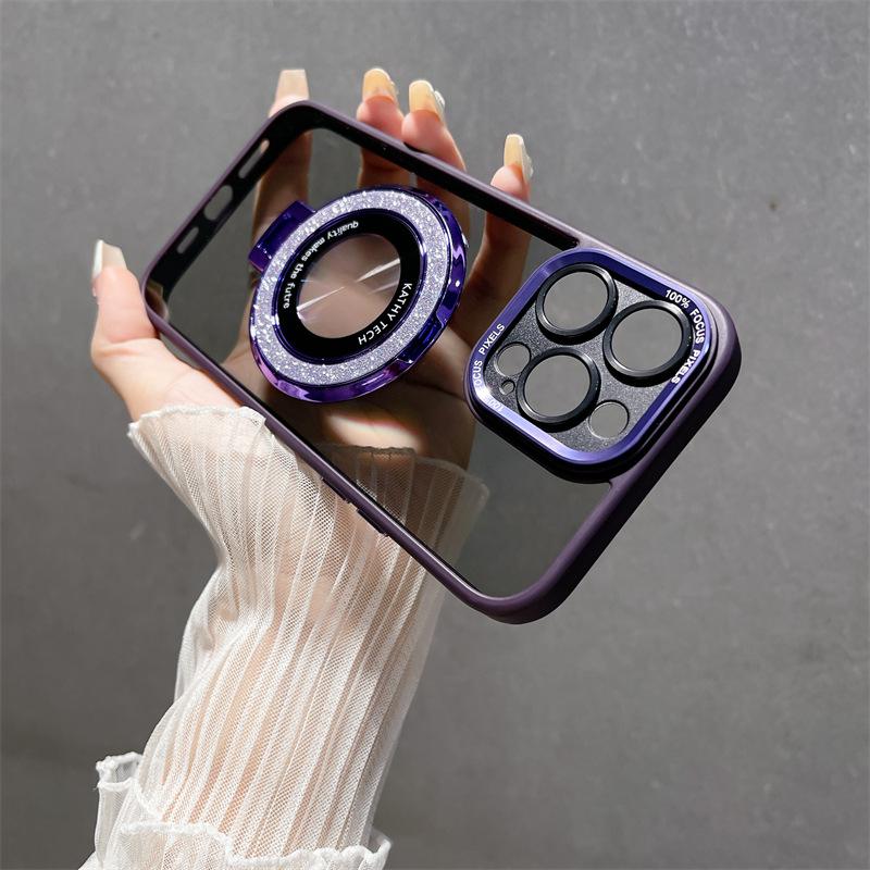 Metal Lens Is Suitable for Apple 16 Mobile Phone Case, Transparent IPhone15 Glitter Magnetic Suction Bracket 14promax Hard Case.