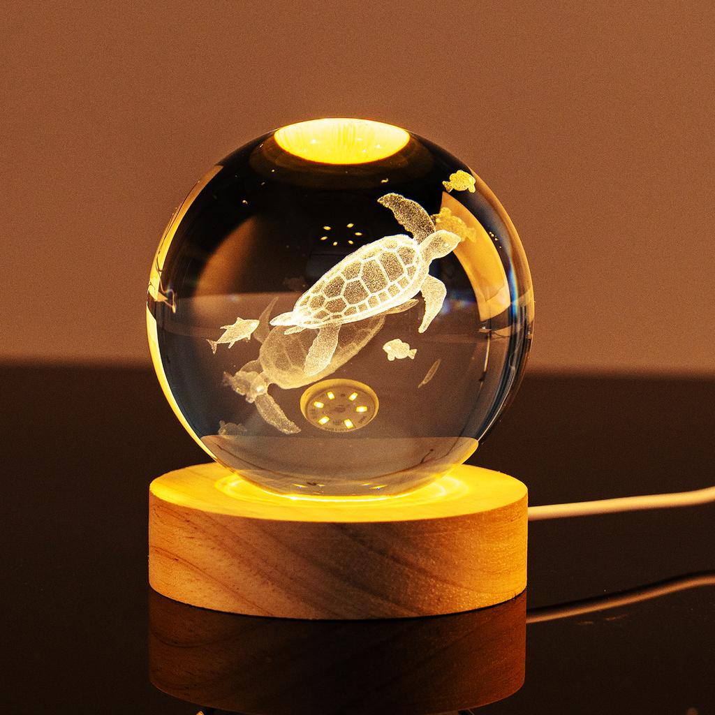 Popular Marine Ocean Animal 3D Laser Engraved Crystal Glass Ball Home Decoration LED Polished Carved 60 80mm Dolphin Whale Shark